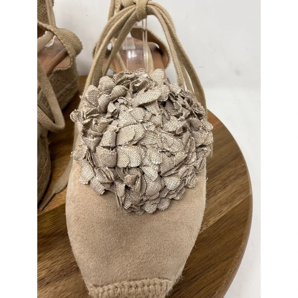 Kate Spade Lafayette Espadrille Beige Suede Pom Pom Lace Up Wedge Sandals 11M